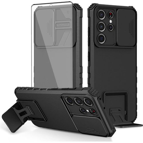 Coque De Téléphone Pour Samsung Galaxy S21 Ultra 5g Avec Protecteur D'écran En Verre Trempé Et Coque De Caméra Coulissante Béquille Mince Accessoires De Protection Cellulaire S21ultra 21s S 21
