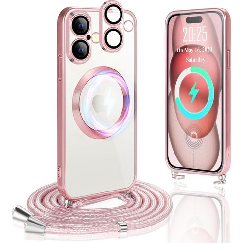 Coque Magnétique Avec Cordon Compatible Avec Iphone 16, Etui À Paillettes Compatible Avec Magsafe, Protection D'objectif Tout Compris, Etui Transparent Silicone Ultra Mince Housse, Or Rose