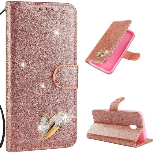 Coque Pour Samsung Galaxy J7 2017 / J730, Coque Case Étui Pu Portefeuille Housse Luxe Bling Paillette Rabat Magnétique Flip Cover Porte Carte Antichoc Pour Samsung Galaxy J7 2017/J730,Or Rose