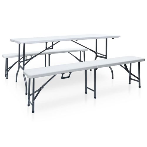 Vidaxl Table Pliable De Jardin Avec 2 Bancs 180 Cm Acier Et Pehd Blanc