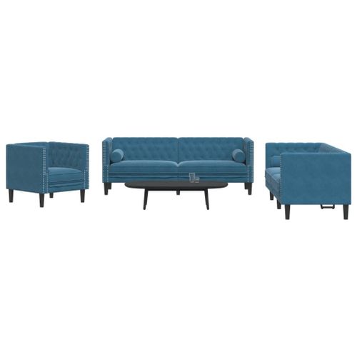 Vidaxl Ensemble De Canapé Chesterfield Et Traversins 3pcs Bleu Velours