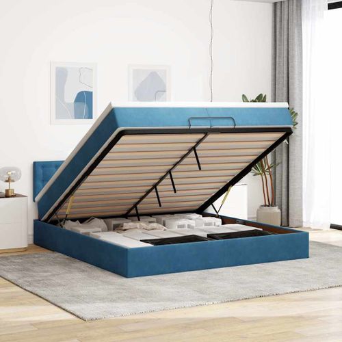 Vidaxl Cadre De Lit Ottoman Avec Matelas Bleu Foncé 200x200 Cm Velours