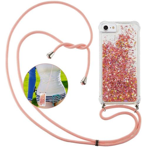 Collier Pour Iphone Se 2020/8 / 7 / 6s / 6 Coque, Glitter Liquide Paillette Sables Mouvants Brillants Cristal Silicone Tpu Étui Housse De Protection Avec Réglable Cordon Lanière - Or Rose