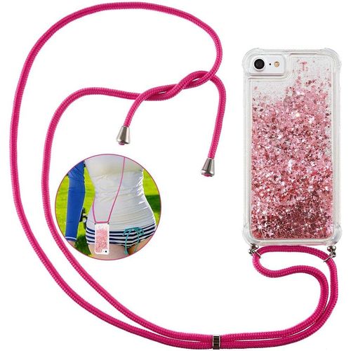 Collier Pour Iphone Se 2020/8 / 7 / 6s / 6 Coque, Glitter Liquide Paillette Sables Mouvants Brillants Cristal Silicone Tpu Étui Housse De Protection Avec Réglable Cordon Lanière - Rose