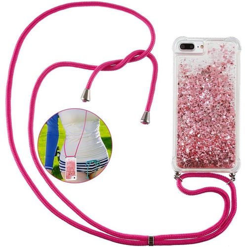 Collier Pour Iphone 8 Plus / 7 Plus / 6s Plus / 6 Plus Coque, Glitter Liquide Paillette Sables Mouvants Brillants Cristal Tpu Étui Housse De Protection Avec Réglable Cordon Lanière - Rose