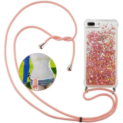 Collier Pour Iphone 8 Plus / 7 Plus / 6s Plus / 6 Plus Coque, Glitter Liquide Paillette Sables Mouvants Brillants Cristal Tpu Étui Housse De Protection Avec Réglable Cordon Lanière - Or Rose