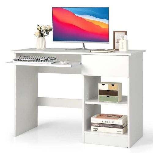 Costway Bureau Droit 108 X 48 X 75 Cm (L X L X H) - Plateau Clavier Coulissant, 1 Grand Tiroir, 1 Étagère Réglable Et Amovible Blanc