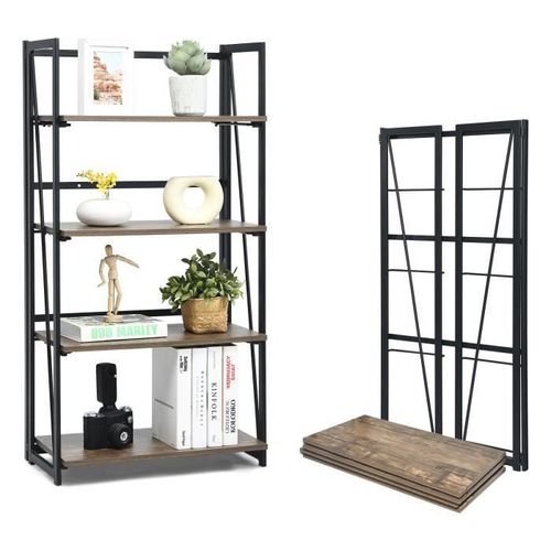 Costway Bibliothèque Pliable À 4 Niveau Avec Étagère Amovible, Étagère De Rangement Avec Kit Anti-Basculement, Style Industriel