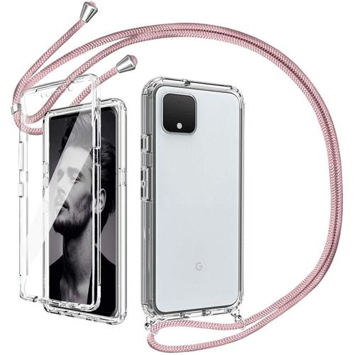 Coque 360 Degré Pour Google Pixel 4 Coque Avec Cordon Housse Double Protection Intégraletransparente Coque Antichoc Bumper Silicone Etui Laniere Tour De Cou Réglable, Or Rose