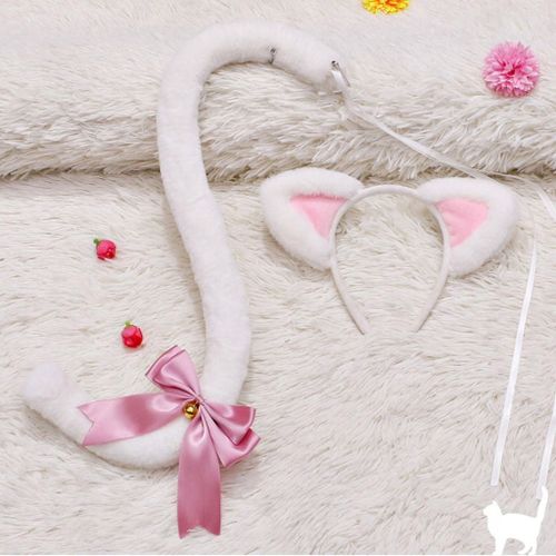 Déguisement De Chat Avec Oreilles Et Queue En Fausse Fourrure, Blanc Et Rose