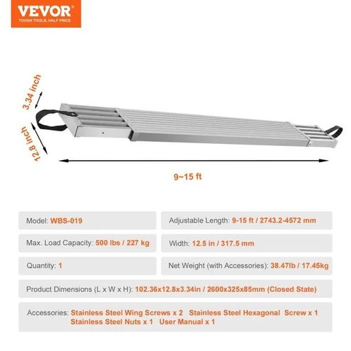 Planche d'échafaudage Télescopique en Aluminium-VEVOR-2,74-4,57 m-Planche de Travail 317,5 mm-227 kg