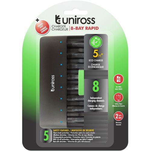 UNIROSS Chargeur RAPIDE pour 1 à 8 Piles Ni-MH 1.2V AA AAA
