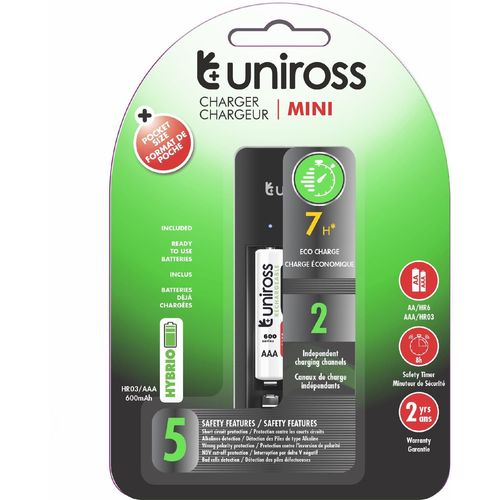 UNIROSS Chargeur Mini Pour 1 à 2 piles AA/AAA + 2 Piles AAA rechargeables inclus