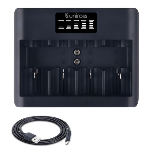 UNIROSS Chargeur Universel Ecran LCD pour 1 à 4 piles Ni-MH 1.2V AA AAA C D 9V