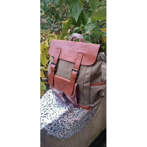 Sac à dos en toile kaki et en cuir pu camel neuf avec étiquette