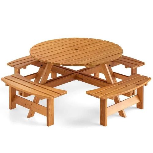 Costway Ensemble Table Ronde Et Chaises De Jardin, 8 Personnes, Table De Pique-Nique Avec 4 Bancs, Trou Pour Parasol De 5 Cm, Jaune