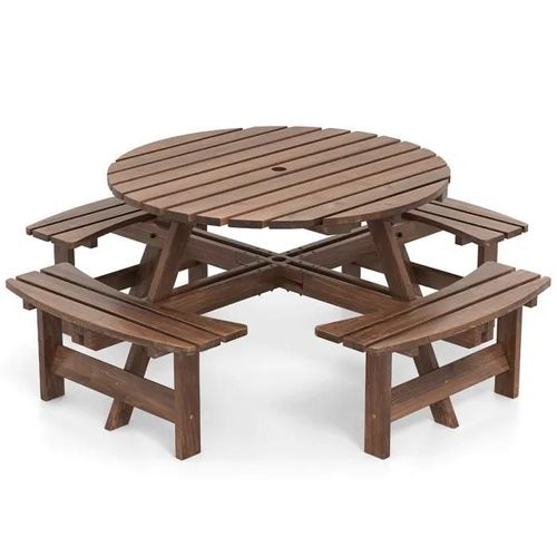 Costway Ensemble Table Ronde Et Chaises De Jardin, 8 Personnes, Table De Pique-Nique Avec 4 Bancs, Trou Pour Parasol De 5cm, Marron