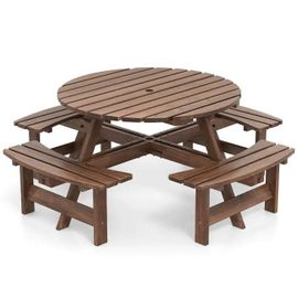 Costway Ensemble Table Ronde Et Chaises De Jardin, 8 Personnes, Table De Pique-Nique Avec 4 Bancs, Trou Pour Parasol De 5cm, Marron