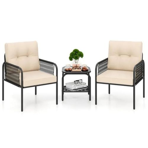 Costway Ensemble De Table En Verre Trempé Et 2 Chaises De Jardin, Ensemble De Meubles De Patio 3 Pièces En Rotin Pe Avec Coussins
