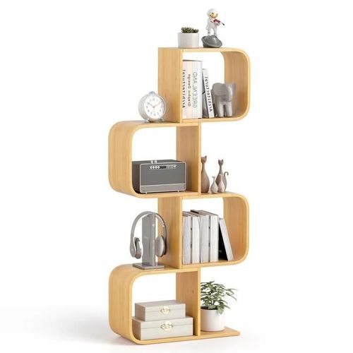 Costway Bibliothèque En Forme De 's' À 4 Niveaux, Cadre En Bambou, 4 Cubes Ouverts, Etagère De Rangement Au Sol Pour Salon Bureau