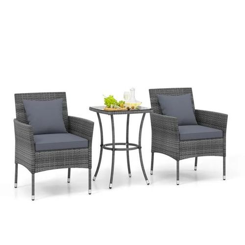 Costway Ensemble Table Basse En Verre Trempé Et 2 Chaises De Jardin, Ensemble De Meubles De Terrasse 3 Pcs En Osier Pe Pour Bistrot