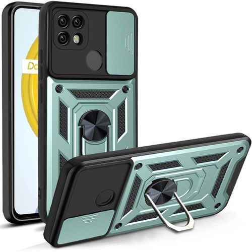 Coque Pour Realme C21 Avec Lentille Coulissante Couverture Et Support Rotatif, Anti-Chute Étui Housse Pour Support De Voiture Magnétique, Vert