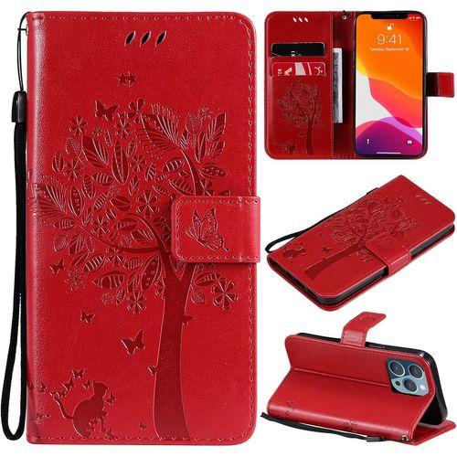 Étui Portefeuille À Rabat En Cuir Synthétique Pour Iphone 13 Pro Avec Coque Intérieure En Polyuréthane Thermoplastique Et Porte-Cartes Rouge