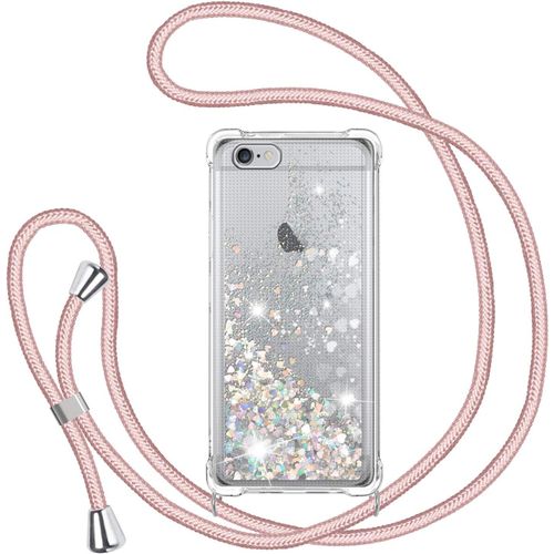 Cordon De Collier Coque Pouriphone 6 Plus/Iphone 6s Plus Étui Avec Liquide Paillette Bling, Cristal Giltter Flexible Tpu Ultra Mince Transparent Case Protection Avec Réglable Lanyard - Or Rose