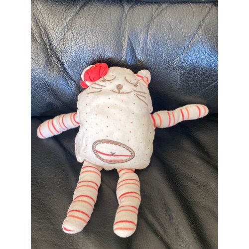 Doudou Chat Double Face Blanc Rouge Pois Rayé Brioche La Halle 23 Cm