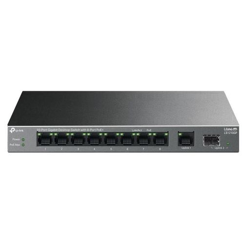 TP-Link LiteWave LS1210GP V1 - Commutateur - 8 x 10/100/1000 (PoE+) + 1 x 10/100/1000 + 1 x Gigabit SFP - de bureau, fixation murale - PoE+ (61 W)