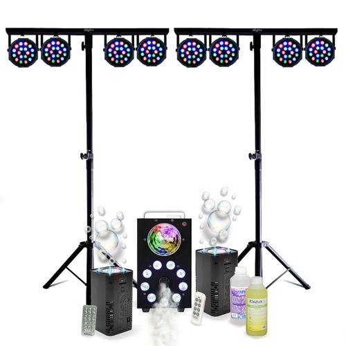 Pack Lumière 2 Pieds DJ Mooving MS-SUPPORT-DJLIGHT - 8 PAR LED 18 W - Machine Fumée FOGGY-ASTRO - 2 Machines Bulle LED BUBBLE-DREAM