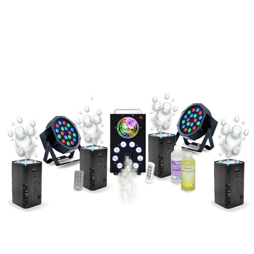 Pack Lumière DJ complet Machine Fumée FOGGY-ASTRO - 2 PAR LED 18 W - 4 machines Bulles LED BUBBLE-DREAM - Soirée Scène Anniversaire