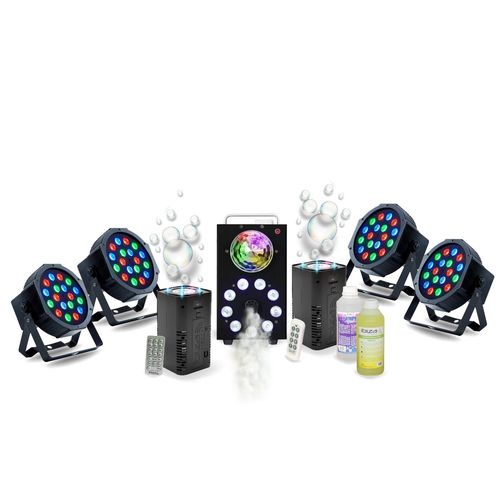 Pack Lumière complet DJ Machine Fumée FOGGY-ASTRO - 4 PAR LED 18 W - 2 machines Bulles LED BUBBLE-DREAM - Soirée Anniversaire Scène