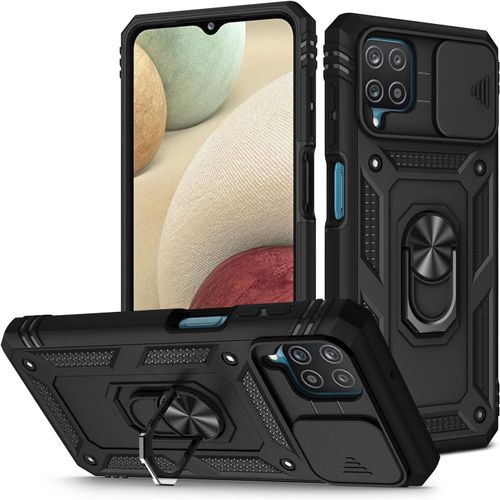 A12 Coque De Protection Pour Appareil Photo Double Couche Avec Anneau De Support À 360° Et Tôle De Fer Magnétique Pour Samsung Galaxy A12 ¿ Noir