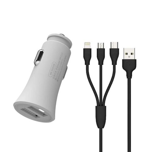 Chargeur De Voiture Double Usb-2,4 A Avec Câble 8 Broches,Micro Usb Et Type-C-Blanc