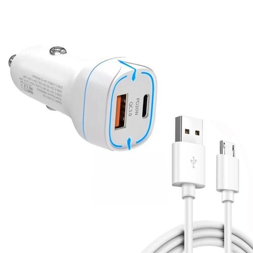 Chargeur De Voiture Usb 38w Pd20w + Qc3.0 Avec Câble Micro Usb De 1 M-Blanc