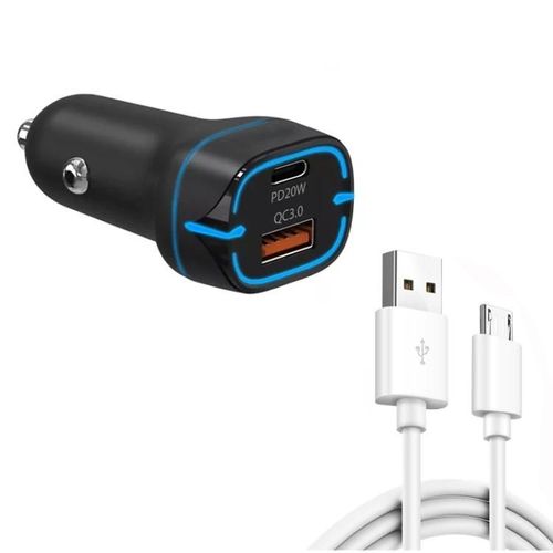 Chargeur De Voiture Usb 38w Pd20w + Qc3.0 Avec Câble Micro Usb De 1 M-Noir Noir