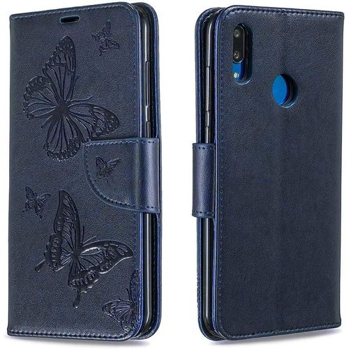 Coque Pour Huawei Y7 2019 6.26 Pouces Antichoc 360 Protection En Cuir Pu Souple Rigide Avec Motif Animaux Papillons Bleu Marine Flip Pochette Etui Rabat Support Fonction Housse