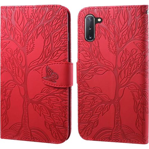 Coque Pour Samsung Galaxy Note10, Motif Arbre Housse Étui En Cuir Portefeuille Magnétique Flip Cover Wallet Case Avec Fentes Pour Cartes, Fonction Stand - Rouge