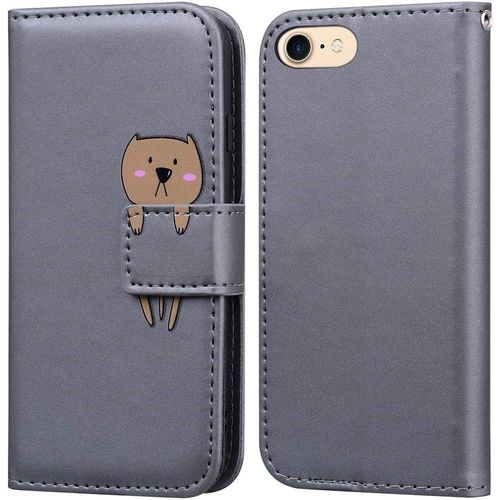 Coque Pour Iphone 7/Iphone 8/Iphone Se 2020 4,7 Pouces , Mignon Cartoon Animal Ours Etui Portefeuille En Cuir Pu Housse Avec Fermeture Magnétique, Emplacements De Cartes -Gris
