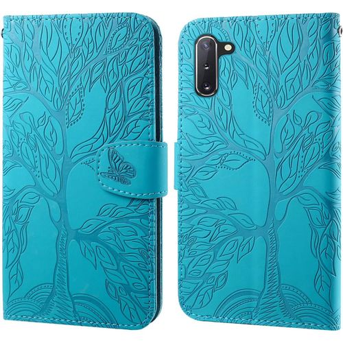 Coque Pour Samsung Galaxy Note10, Motif Arbre Housse Étui En Cuir Portefeuille Magnétique Flip Cover Wallet Case Avec Fentes Pour Cartes, Fonction Stand - Bleu