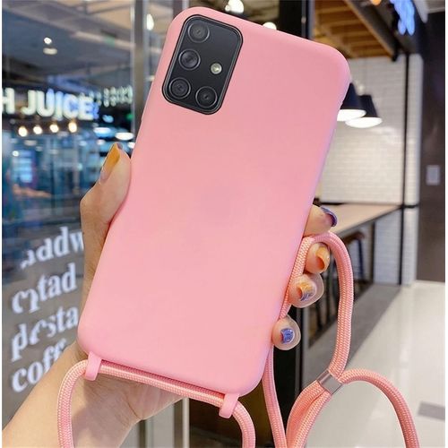 Coque Pour Samsung Galaxy A12 Avec Cordon De Collier, Coque Silicone Bumper Etui Housse Avec Cordon Réglable Téléphone Lanyard Case Pour Galaxy A12 Fine Antichoc Collier Cover Rose