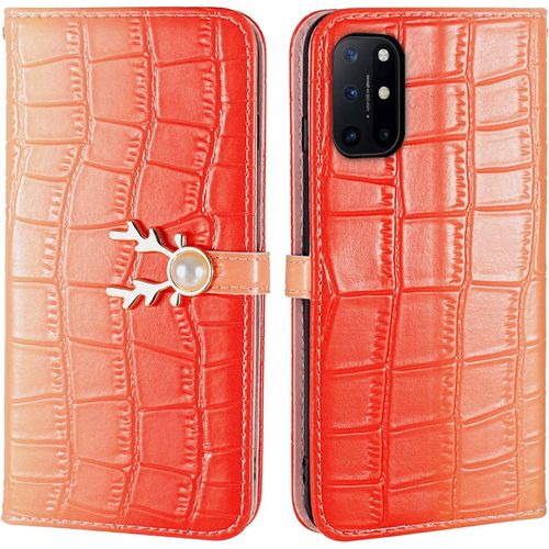 Coque Pour Oneplus 8t, Dégradé De Couleur Motif Crocodile Etui À Rabat En Cuir Pu Portefeuille Housse De Protection Avec Cerf Perle Fermeture Magnétiques Grenade Rouge