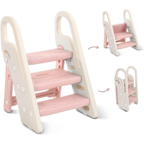 Tabouret Marchepied 3 Niveaux Pour Enfants,Hauteur Réglable,Tour D'apprentissage Avec Poignées, Pliable, Multifonctionnel,Rose Et Blanc