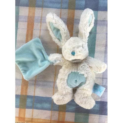 Lapin Peluche Doudou - Bleu Et Blanc - Baby Nat - 27 Cm Environ De Hauteur -