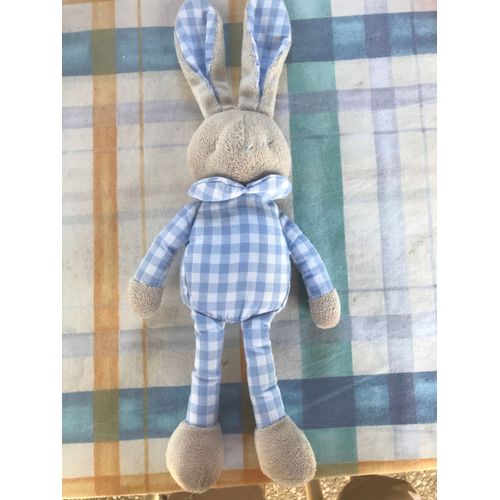 Lapin Peluche Doudou Laboratoire Klorane - Tissus Vichy Bleu Et Blanc - Environ 40 Cm De Hauteur -