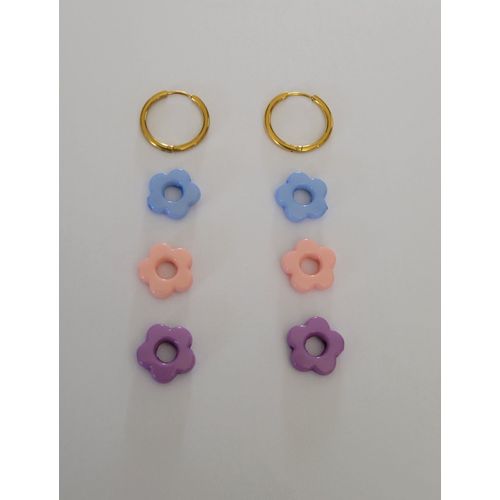 Boucles D'oreilles Creoles Anneaux Dores + 3 Paires Fleurs Pastel Modele 2