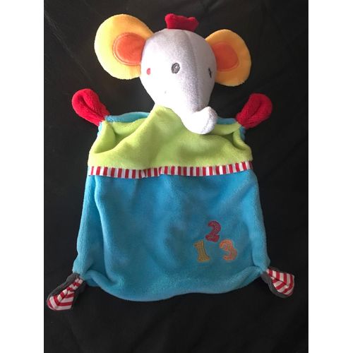 Doudou Éléphant 123 Bleu Vert Jaune Baby Club