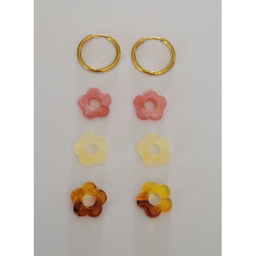Boucles D'oreilles Creoles Anneaux Dores + 3 Paires Fleurs ! Modele 5