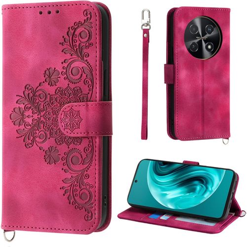 Coque Pour Huawei Nova 12i 4g 6.7"", 5 Cartes Huawei Nova 12i Étui De Protection En Cuir Pu De Fleur Style Vintage Pour Housse, Rouge
